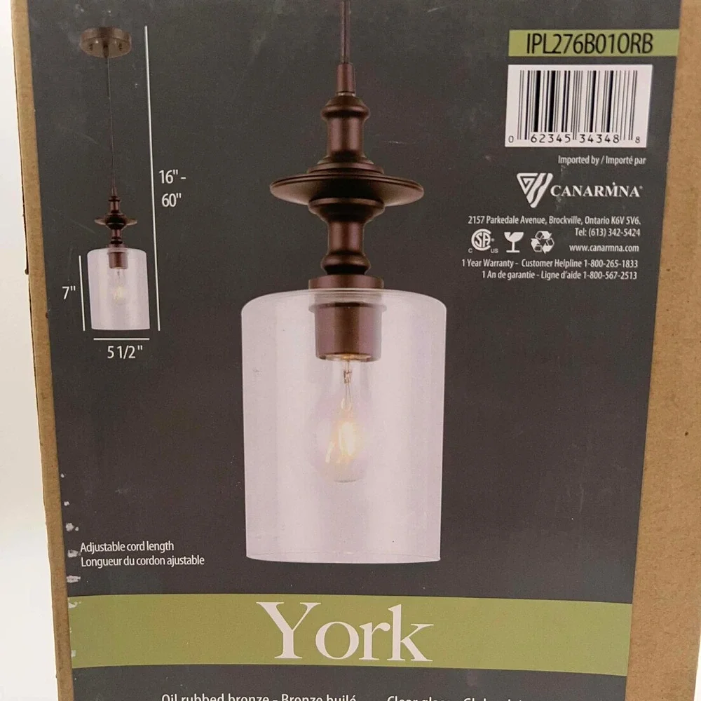 Canarm York Oil Rubbed Bronze Clear Glass‎ Pendant Light Fixture IPL276B010RB